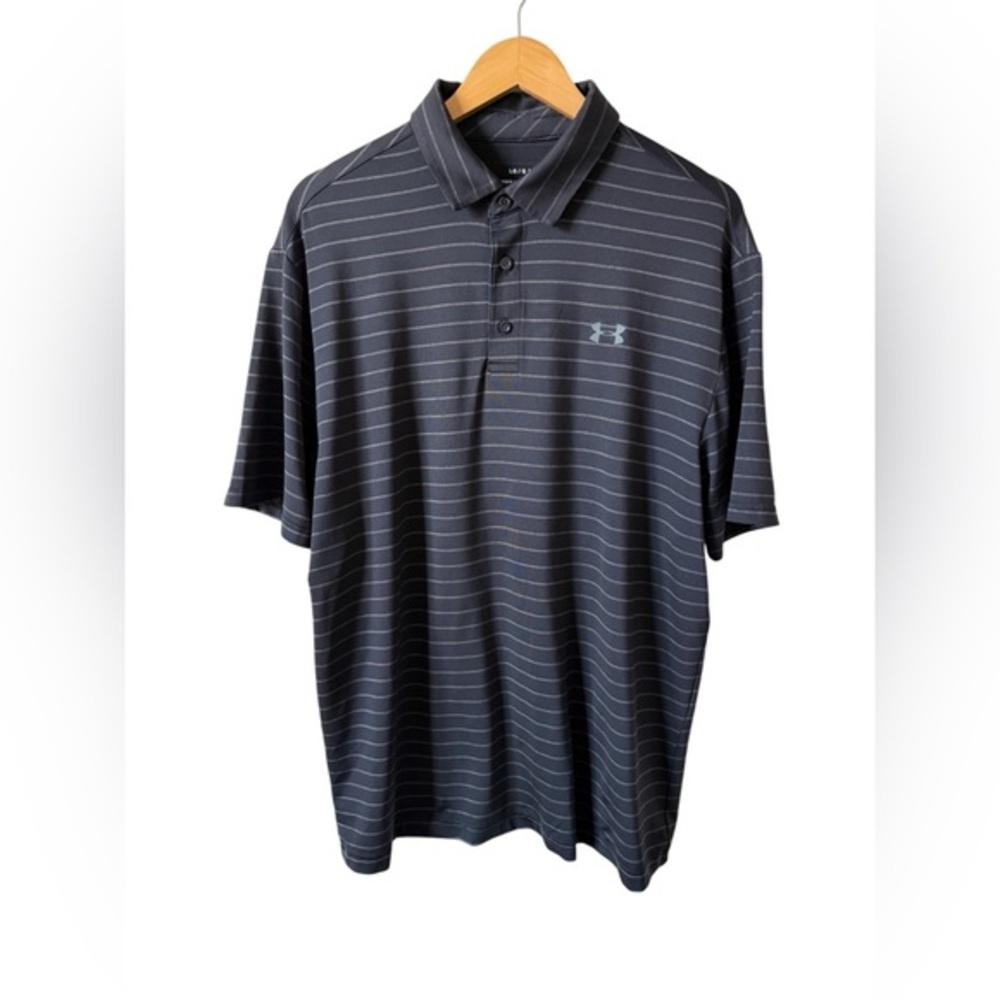 Under Armour Playoff Polo Shirt Large‎ Black Gray Striped Golf Performance
